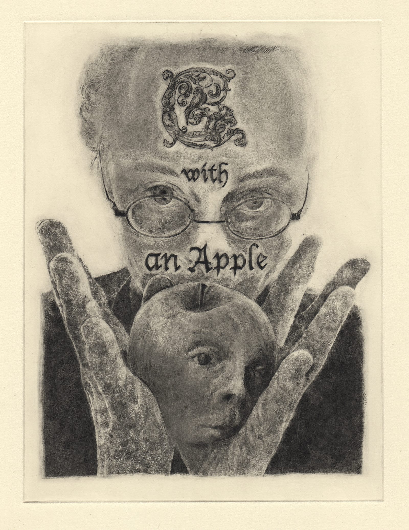 C with an apple (drypoint etching by Yaemi Shigyo)