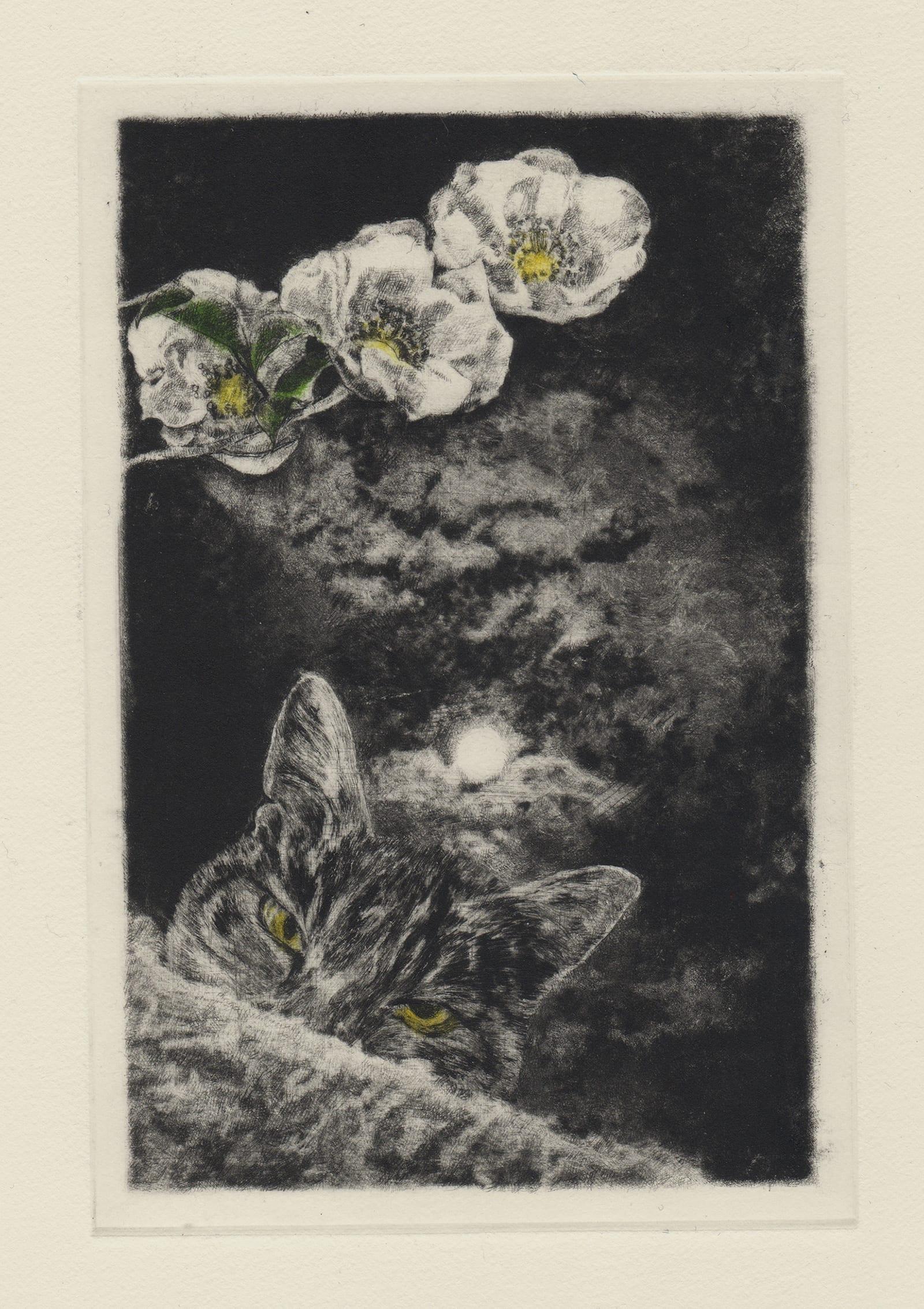 Kyoku and thirteenth night moon (drypoint etching by Yaemi Shigyo)