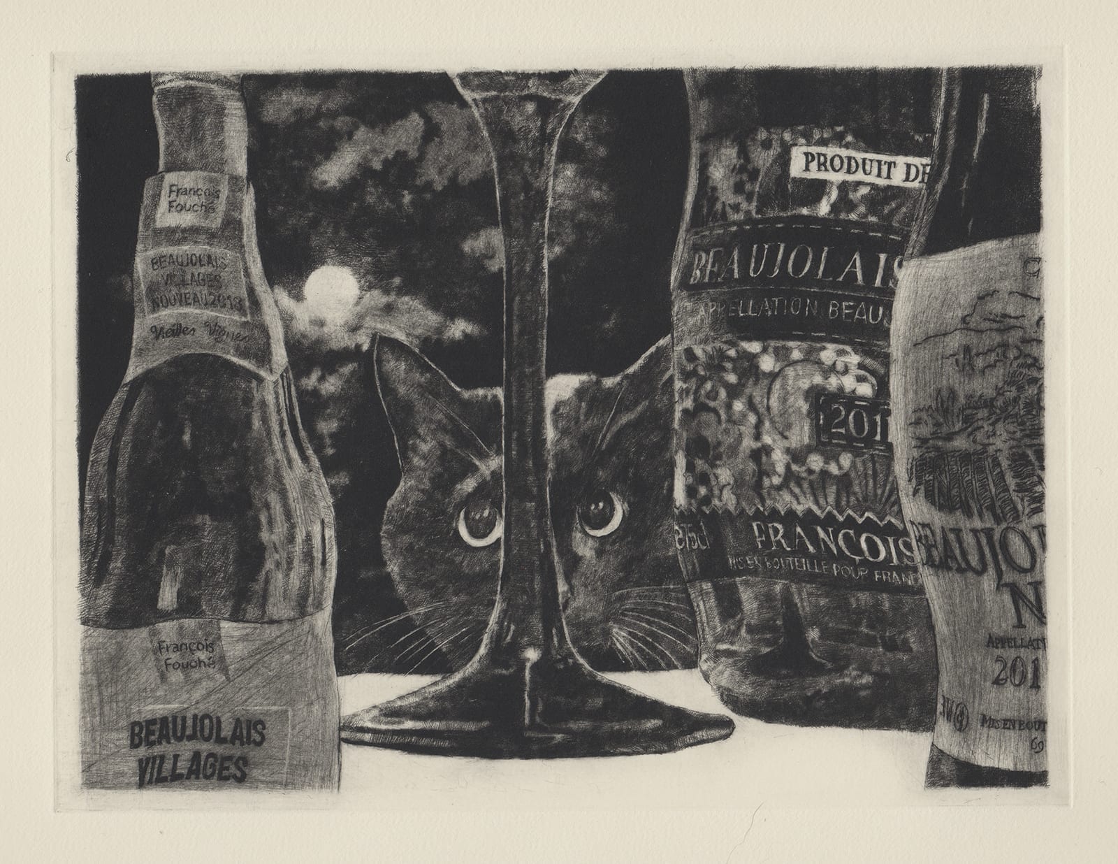 Wine and cat (drypoint etching by Yaemi Shigyo)
