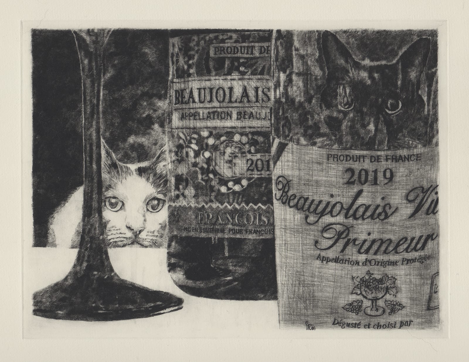 Wine and cats (drypoint etching by Yaemi Shigyo)
