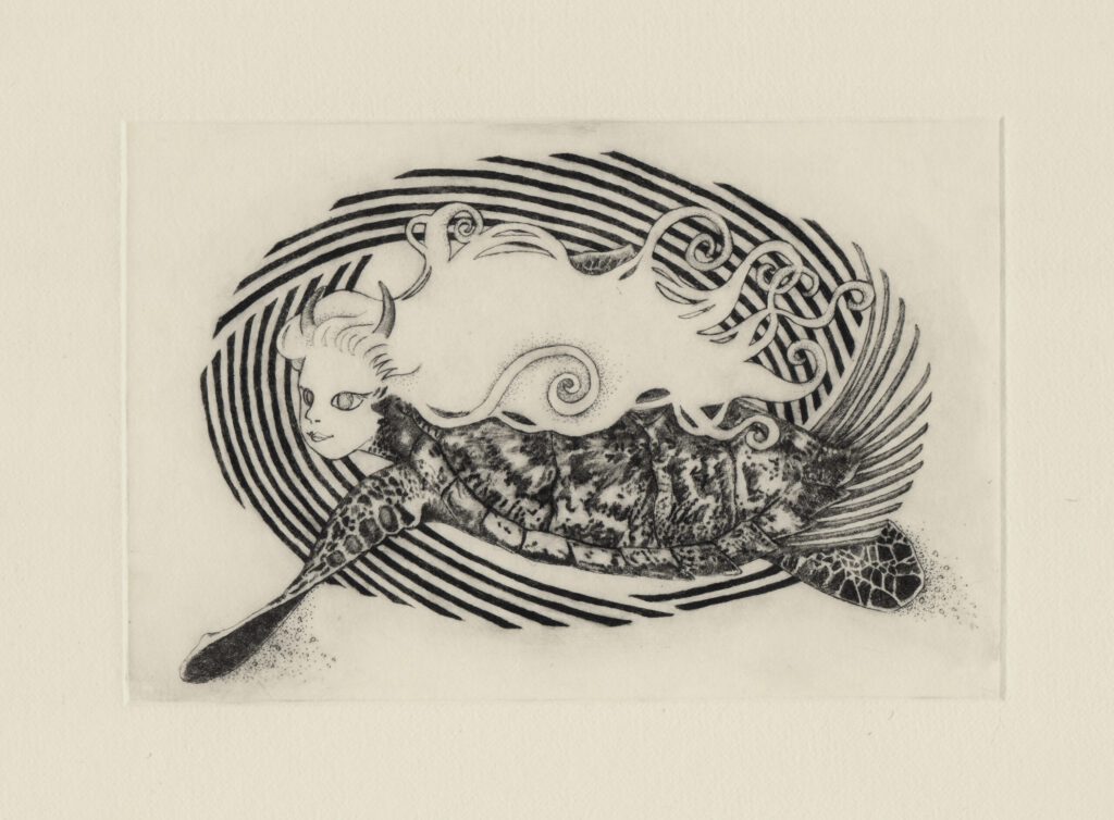 Honen-game (drypoint etching by Yaemi Shigyo)