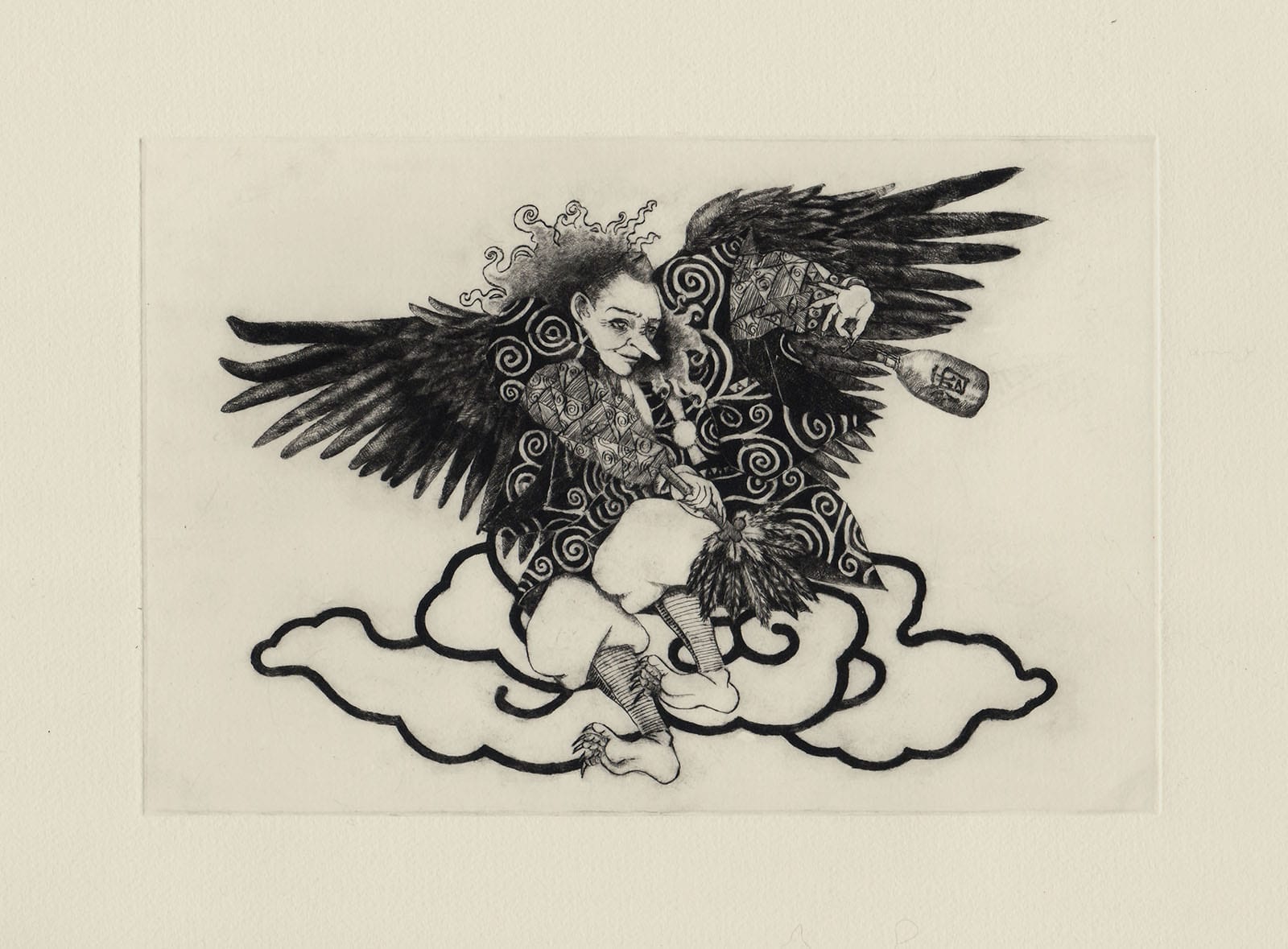 Prophetic Tengu of Dewa Province (drypoint etching by Yaemi Shigyo)