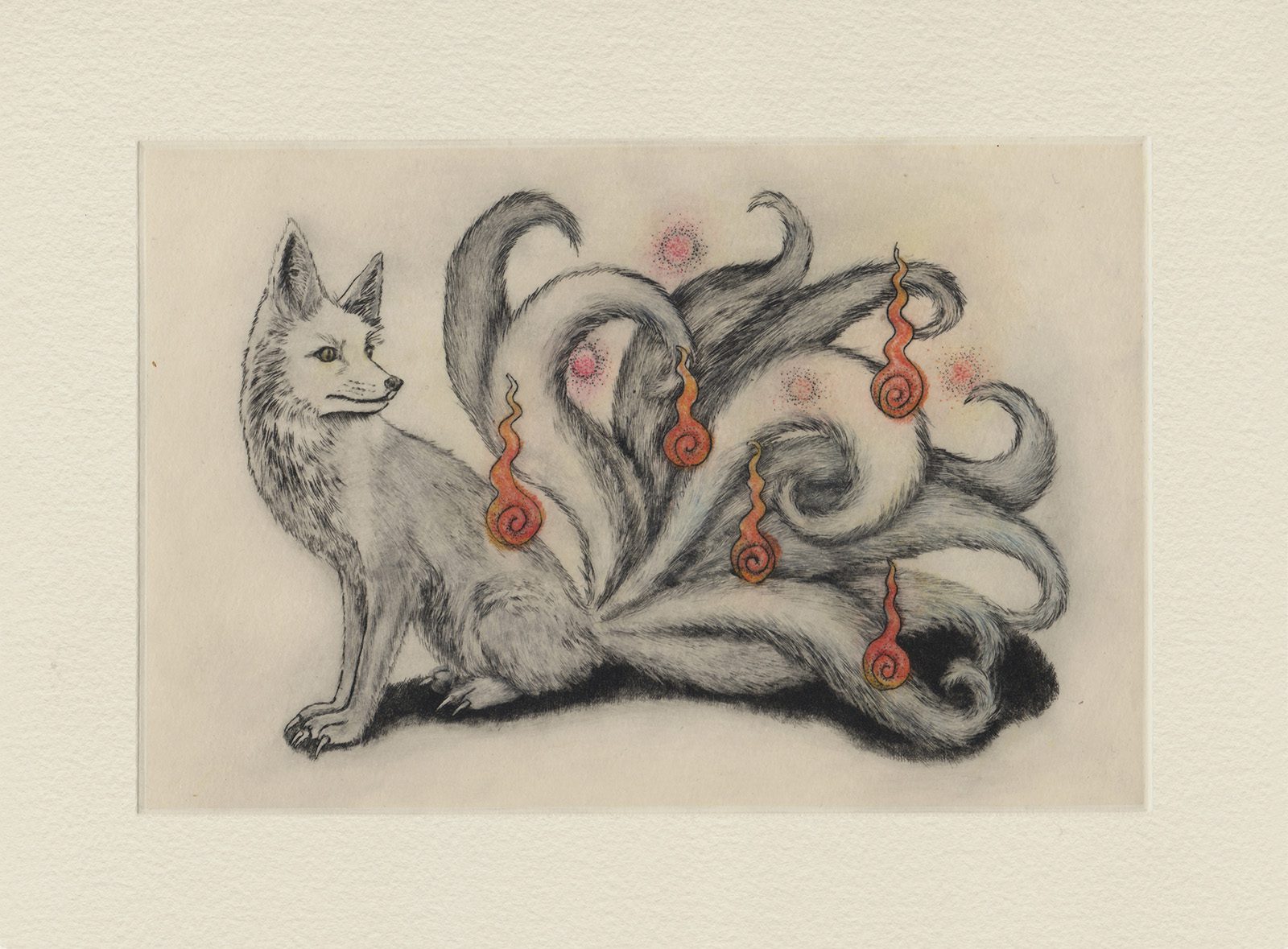 Nine-Tailed Fox (drypoint etching by Yaemi Shigyo)