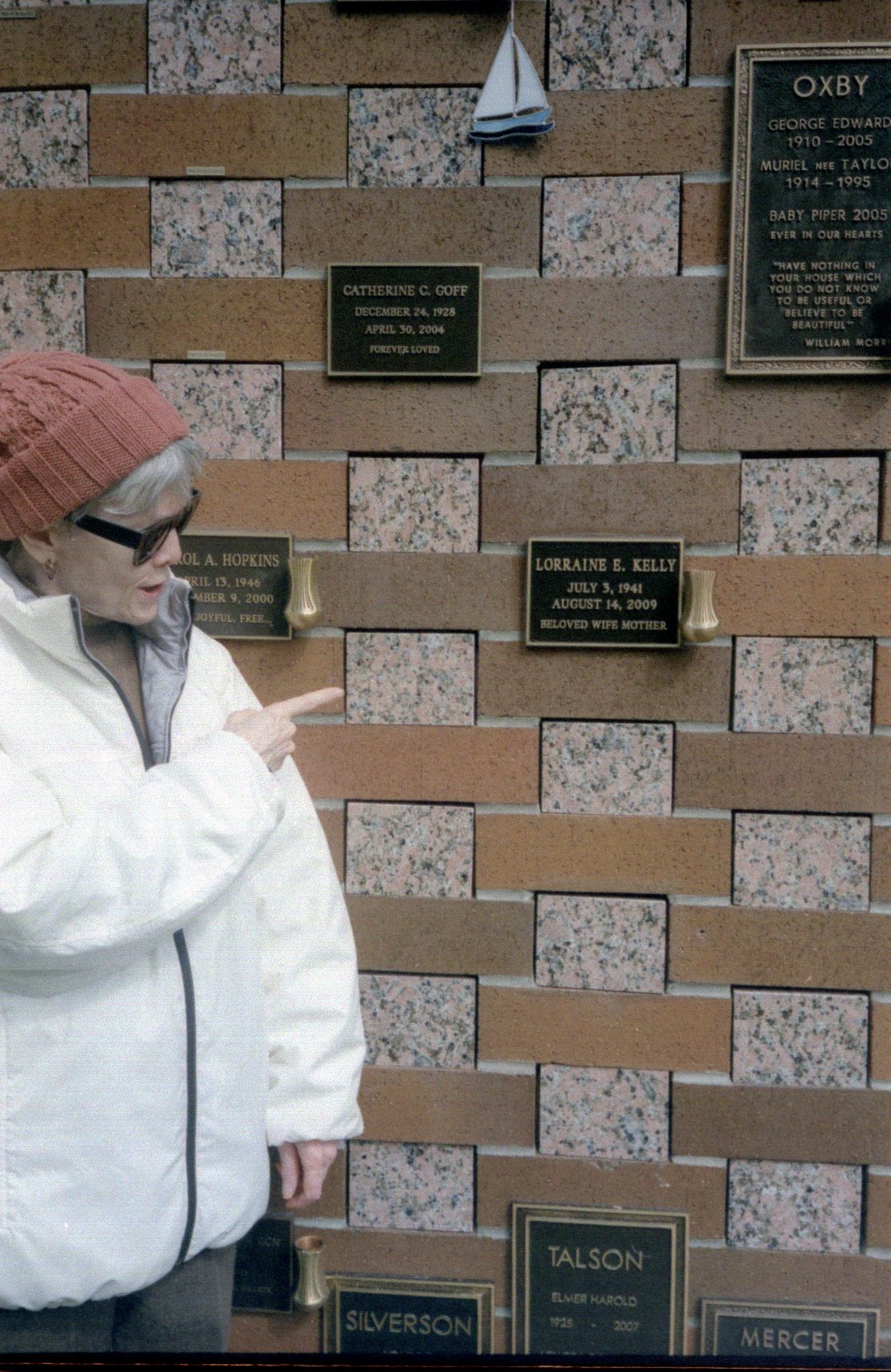 Frances pointing to her niche in 2010
