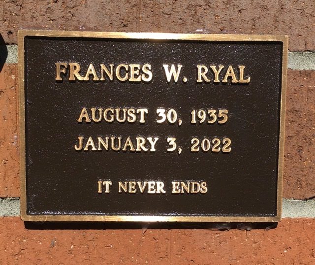 Frances's memorial plaque in 2022
