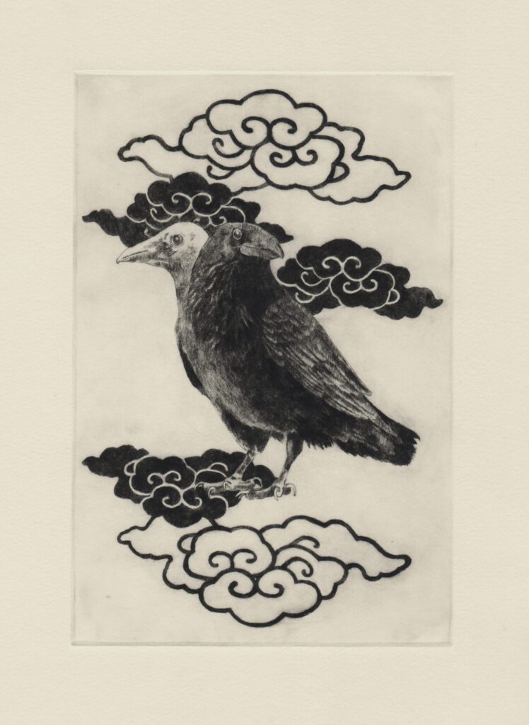 Yogen-no-tori (drypoint etching by Yaemi Shigyo)