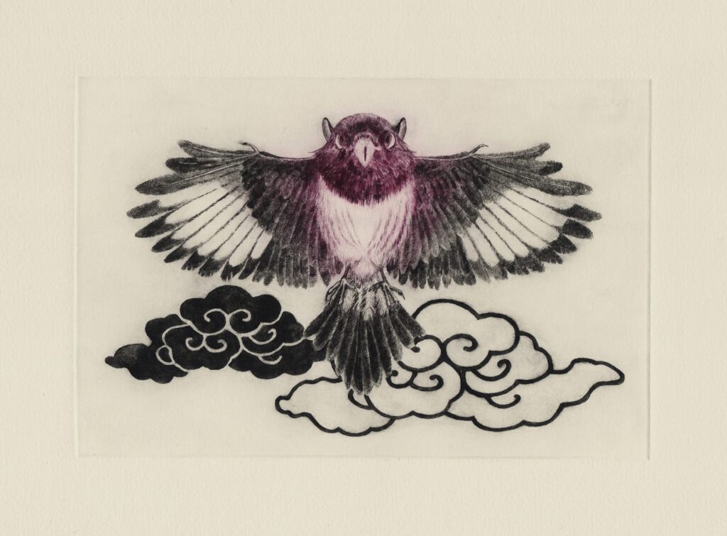 肥前国の異鳥 (drypoint etching by Yaemi Shigyo)